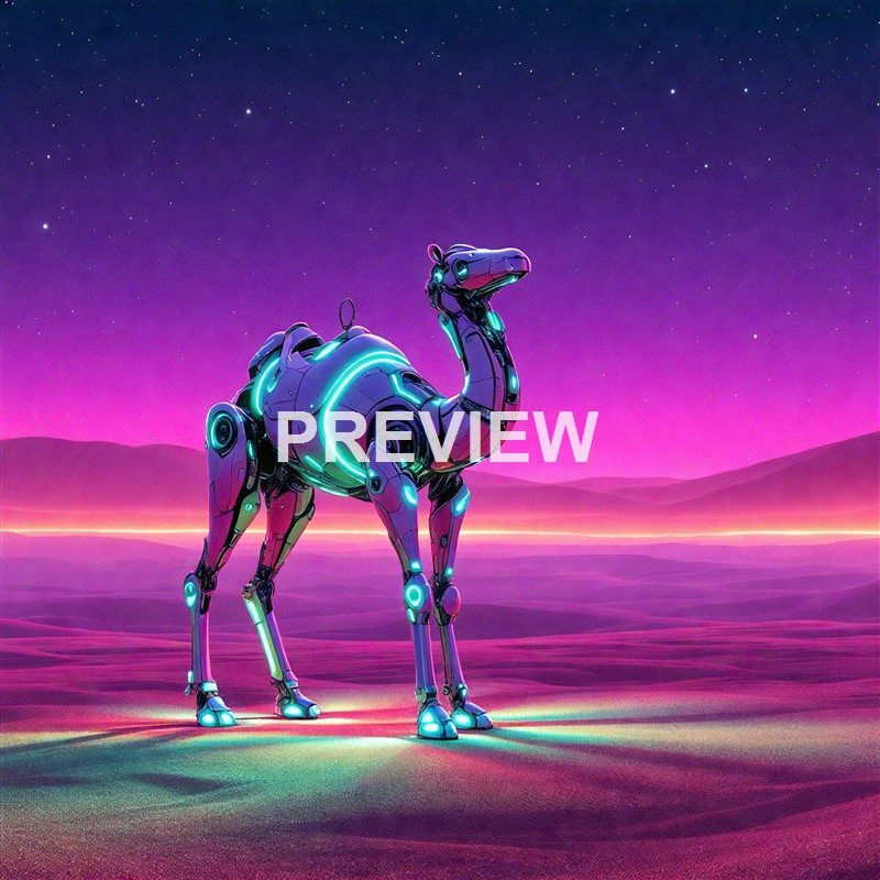 A futuristic, robotic camel with glowing neon accents stands on a colorful desert landscape under a starry, purple-pink sky.